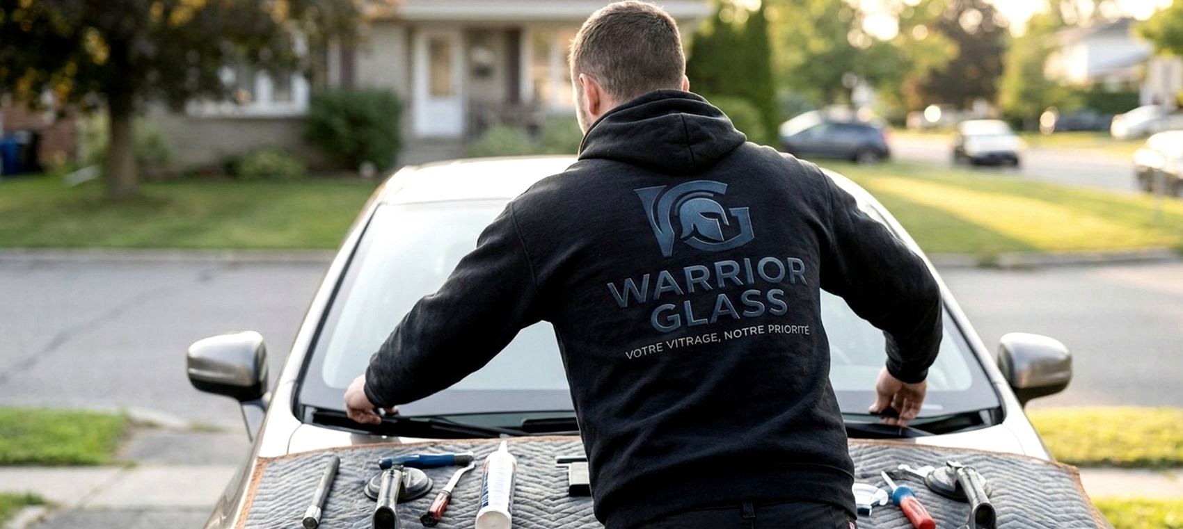 Technicien Warrior Glass intervenant devant le domicile d'un client